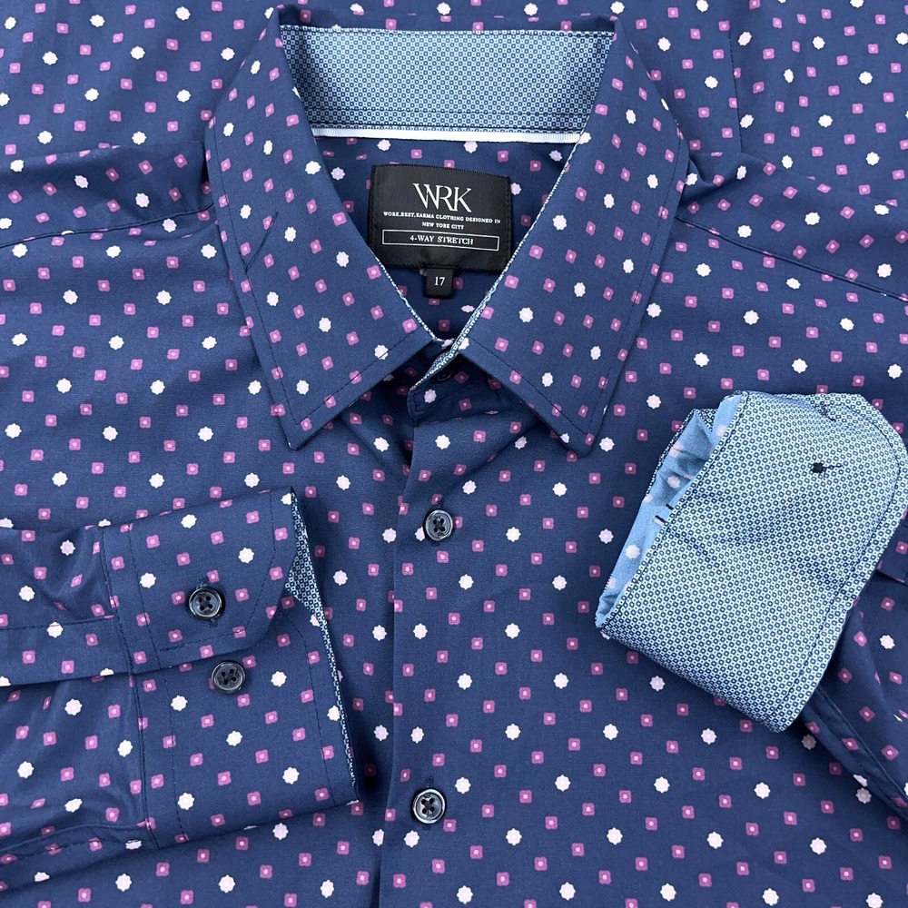 WRK Shirt Men 17 XL Blue Pink Button Up Spotted Performance Flip Cuff Rest Karma